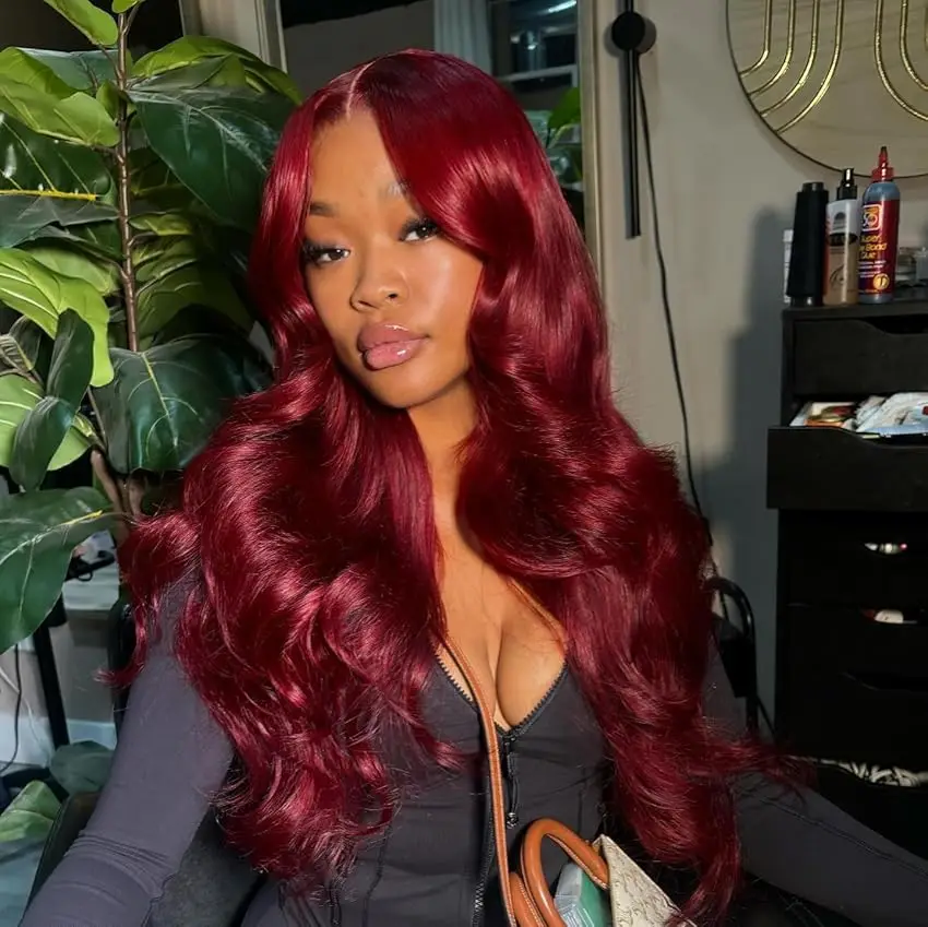 

44 46 дюймов 99J Бордовые парики из натуральных волос на кружеве для чернокожих женщин Бразильские объемные волны Реми Красные парики из волос HD Парики из кружева на фронтальной части