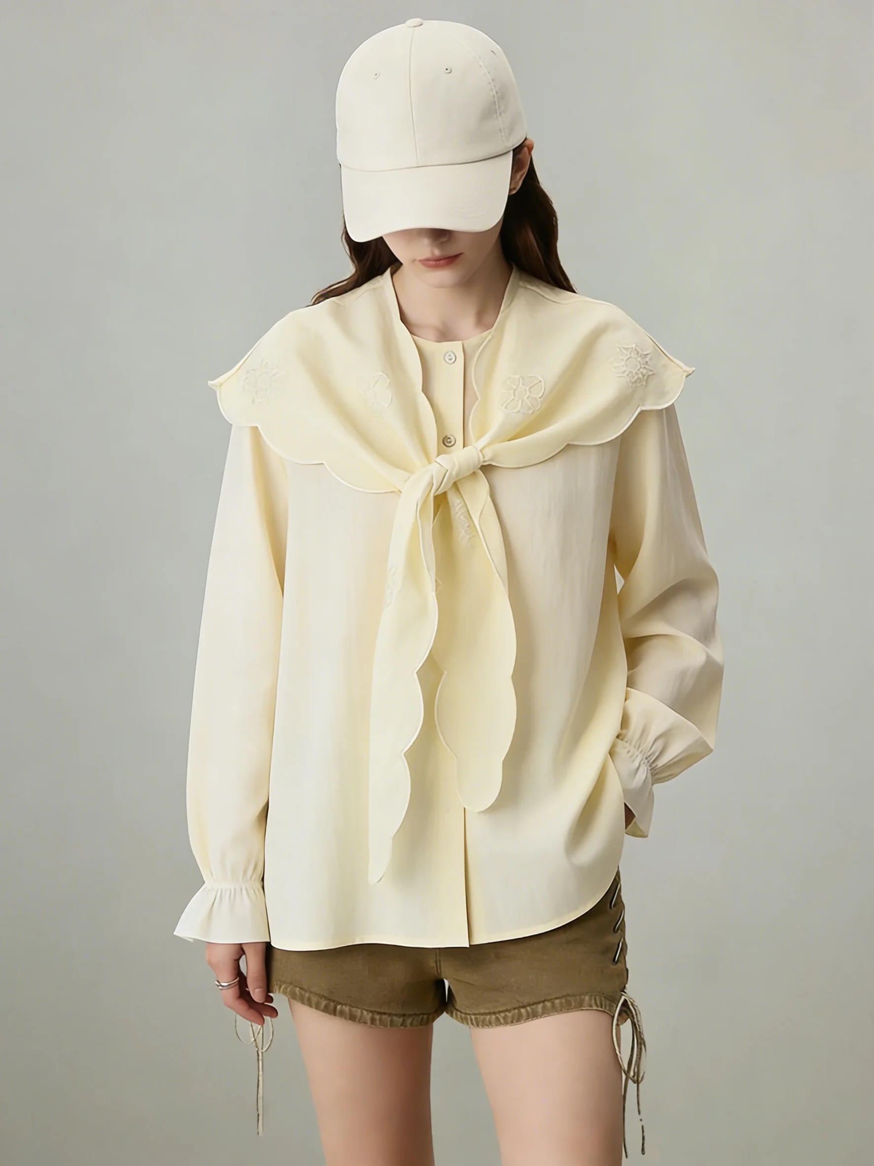 

Yellow Embroidered Shirt Women's round Neck Cover up Beautiful Top Casual Loose Fit Long Sleeve Spring Fashion 2026