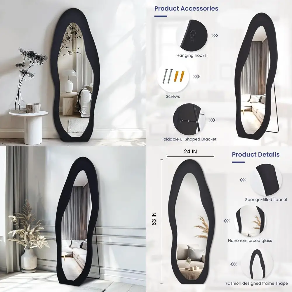 مرآة أرضية مائلة مثبتة على الحائط مقاس 63 × 24 - حامل مؤطر من الفلانيل الأسود بطول كامل لآثار الجسم بالكامل