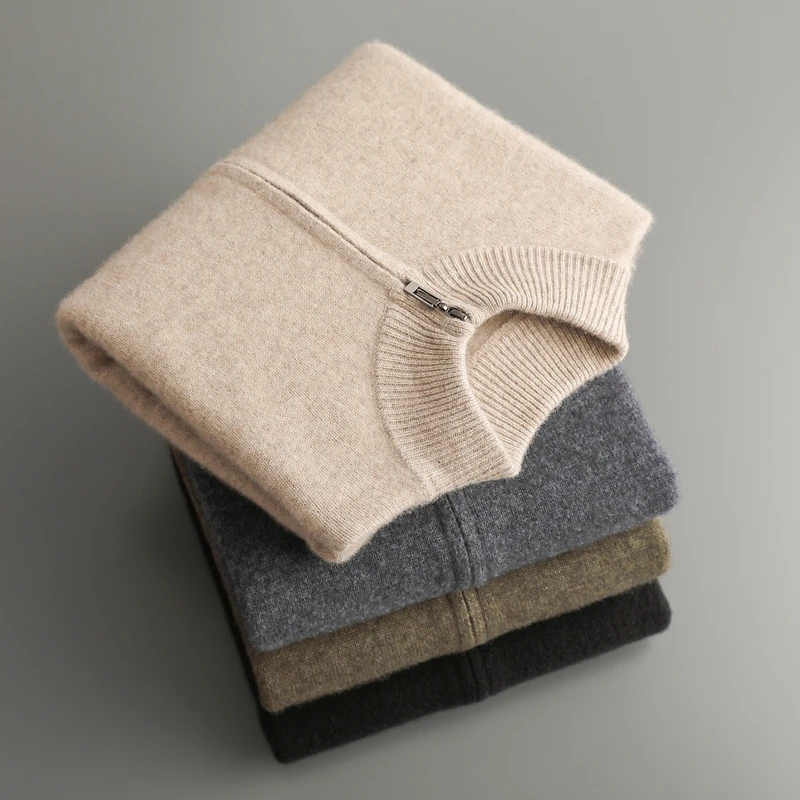 Fall/Winter New Men's 100% Pure Wool Half-high Neck Zipper Thickened Cardigan Jacket Knitted Sweater Jacket