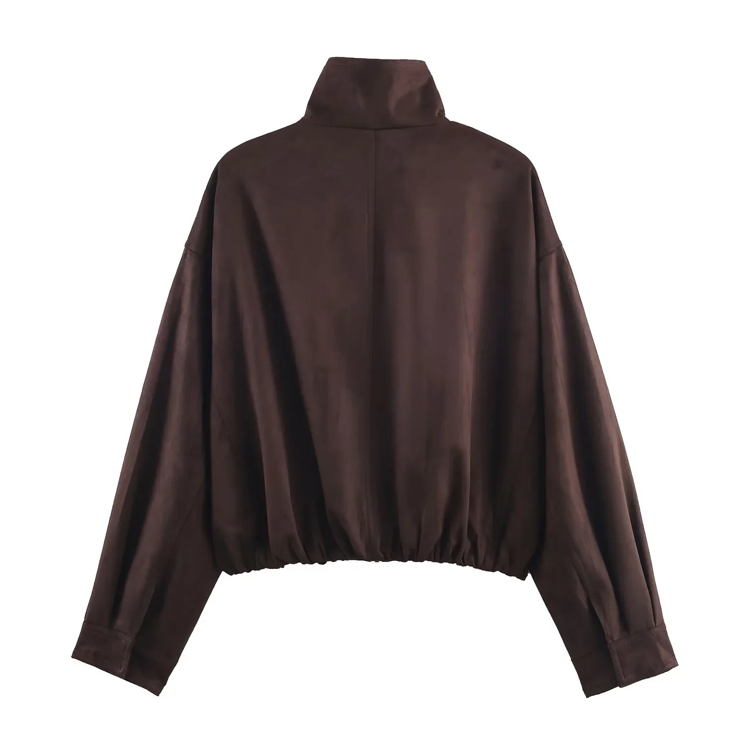 2025 Winter New Women's Casual Fashion Simple Stand Collar Long Sleeve Pleated Suede Texture Bomber Jacket