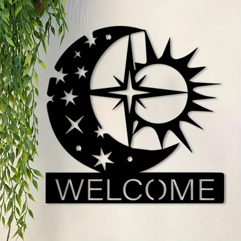 CIFBUY Wrought Iron Sun Moon Stars Compass Welcome Sign Wall Decor, Bohemian Cutout Metal Hanging Art for Front Door Porch Entry
