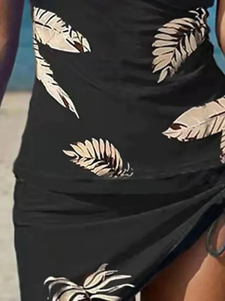 Plus Size Feather Halter V Neck Women Tankini Swimsuit 2025 Swimwear Tummy Control Bathing Suit Mujer Beach Skirt Swimdress 3XL