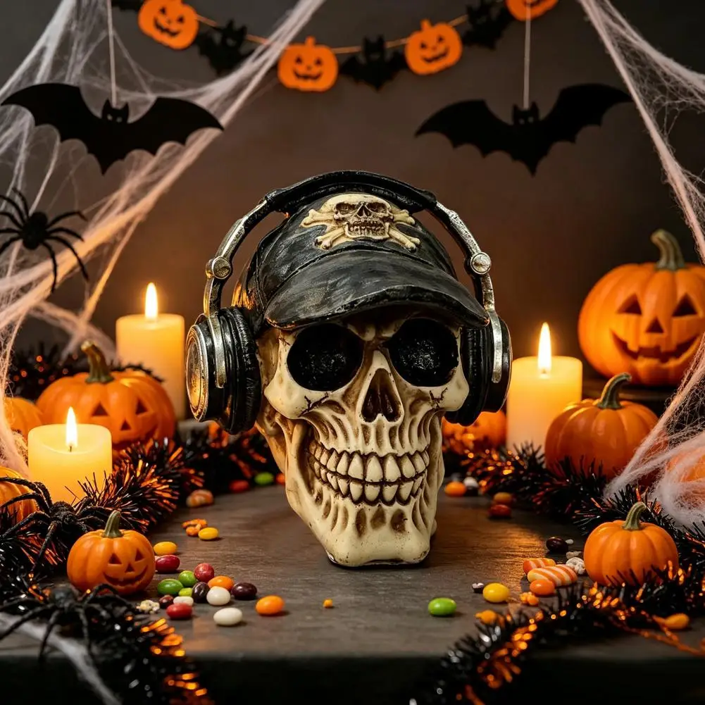 Ornament for Halloween Party Hip-hop Headphone Skull Figurine Steampunk Resin Skeleton Statue Vintage for Haunted for Halloween