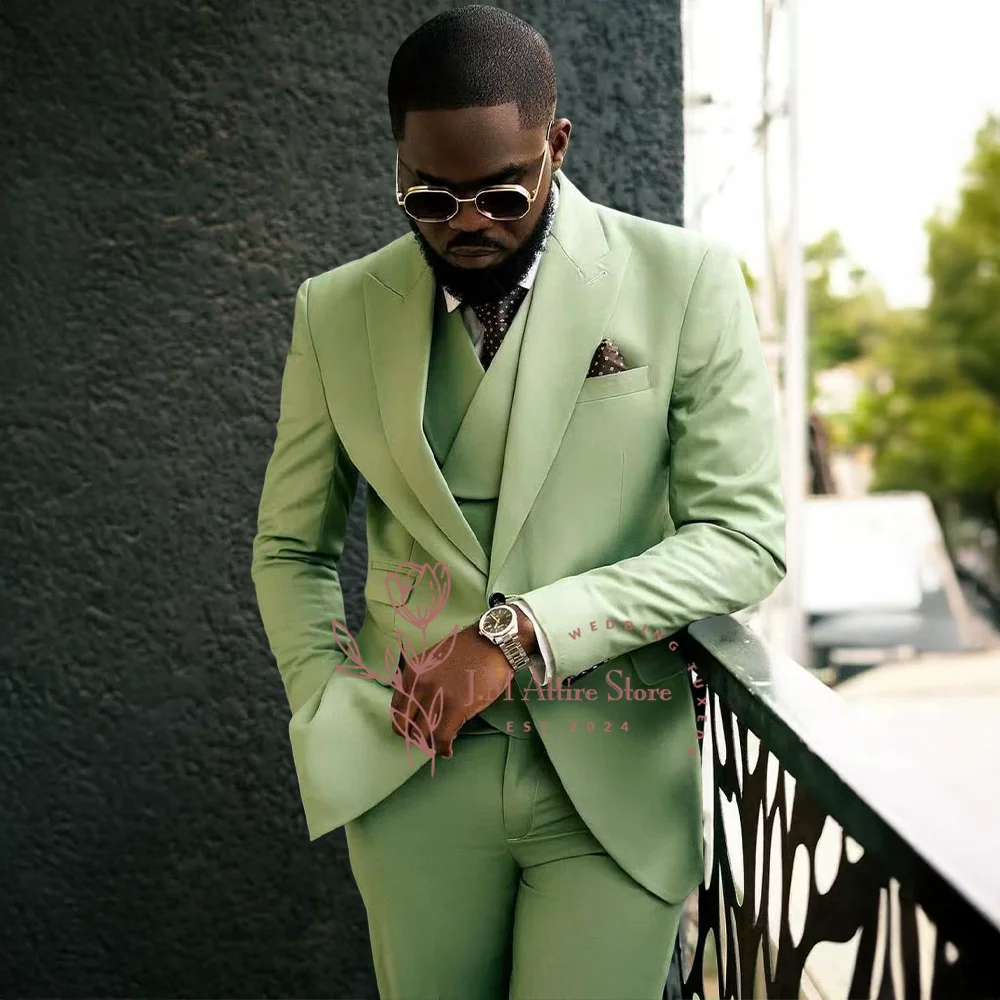 

Элегантные мужские костюмы из трех предметов, ярко-зеленый пиджак с лацканами, жилет и брюки, мужской костюм на заказ для свадьбы, коктейля, выпускного вечера