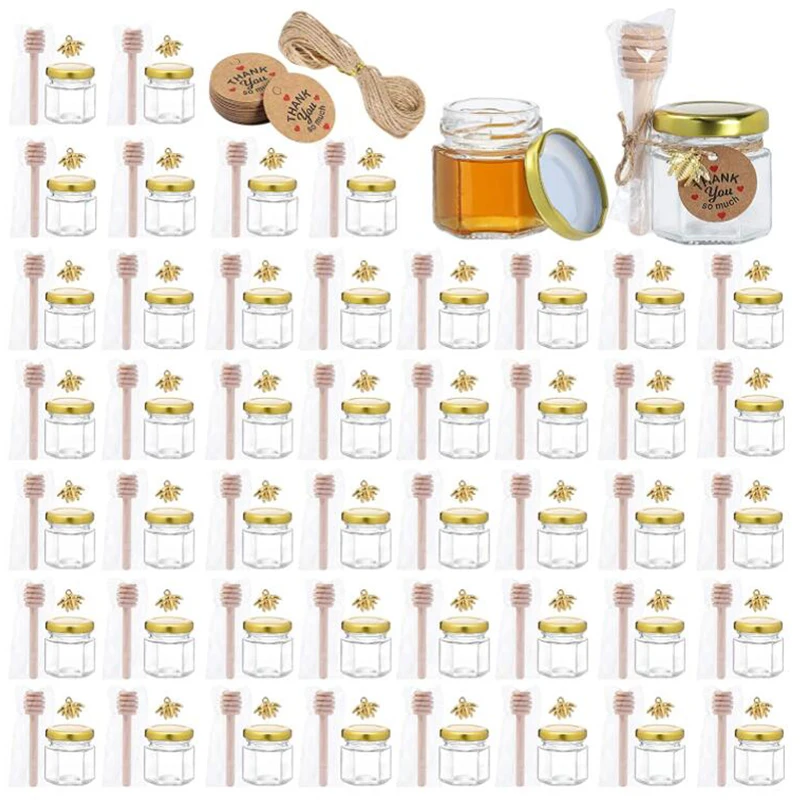 30/60Pcs 1.5oz Honey Jars Custom Wooden Dipper Hexagon Glass Mason Jars Jute For Wedding Hang tags-Baby Shower Party Favors