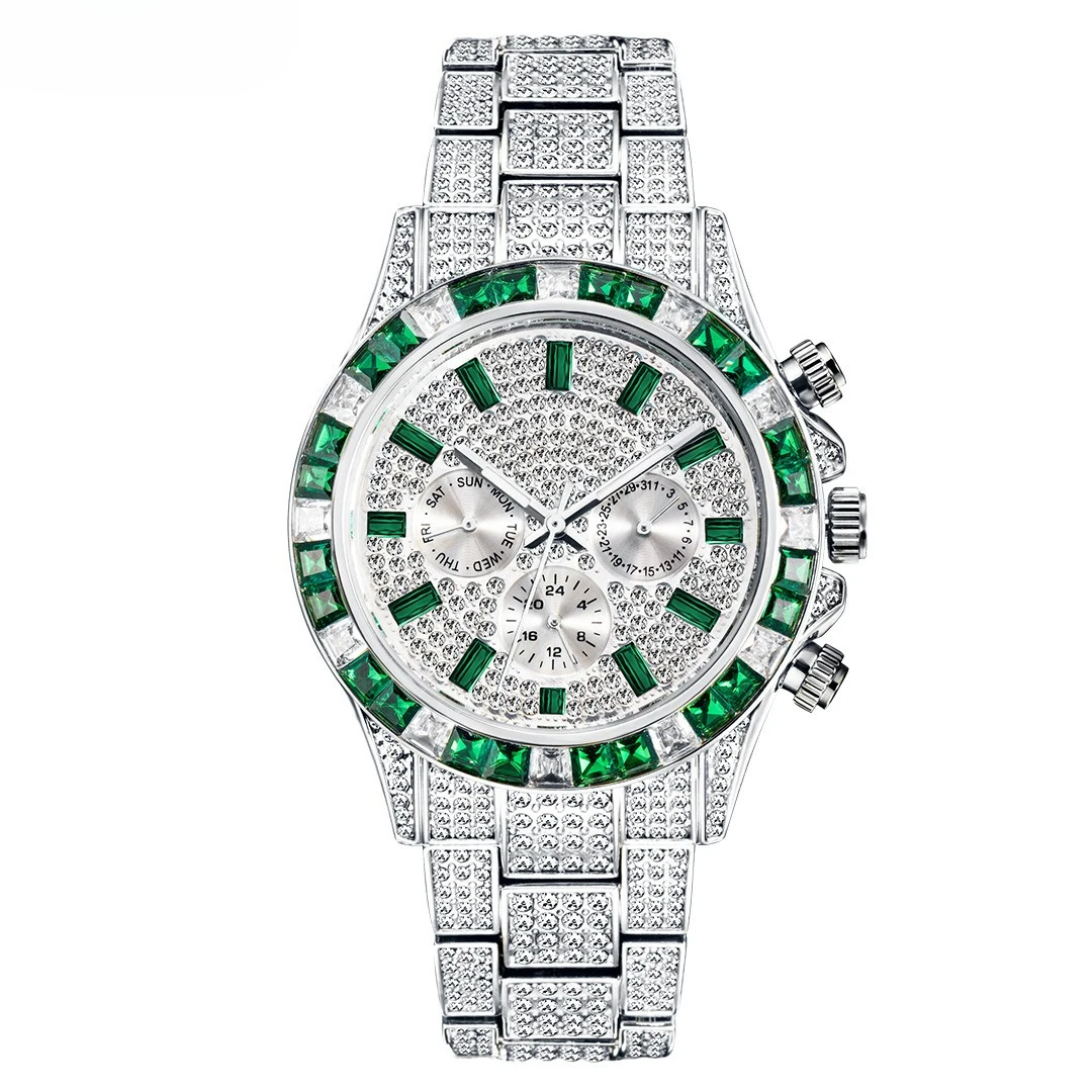 +MISSFOX-relojes de moda verde plateado para hombre, Reloj inteligente resistente al agua con diamantes de arcoíris, relojes deportivos de acero completo, Reloj masculino