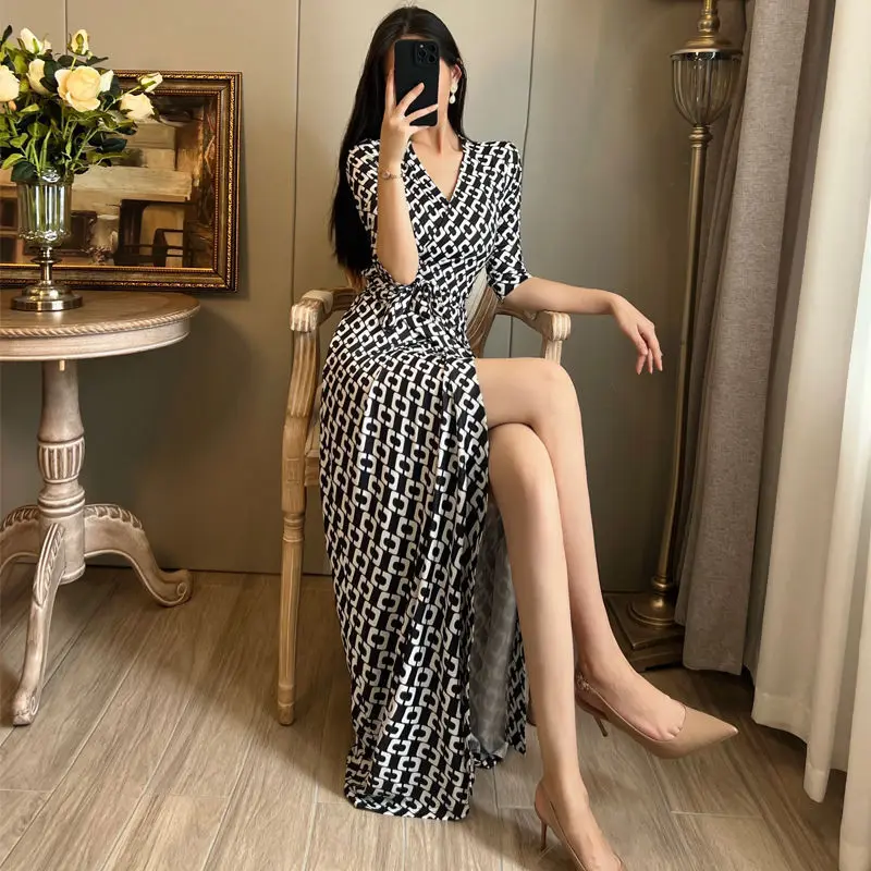 Elegant Fashion Harajuku Slim Fit Female Clothes Loose Casual All Match A-line Skirt High Waist Three Quarter Sleeve Dresses