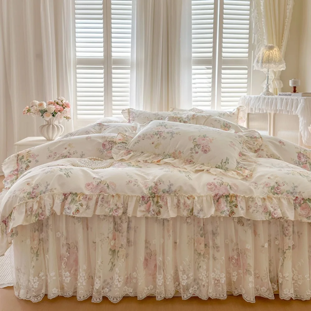 Korean Style Princess Lace Bedding Set Luxury Flowers Printing 100% Cotton Duvet Cover Sets Bed Skirt Pillowcases Home Textile