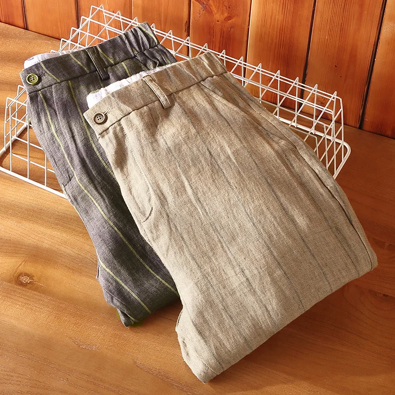 Summer Man Pants 100% Linens Pants Breathable Causal Baggy Pants Japanese Vintage Striped Nine Point Pencil Pants High Quality