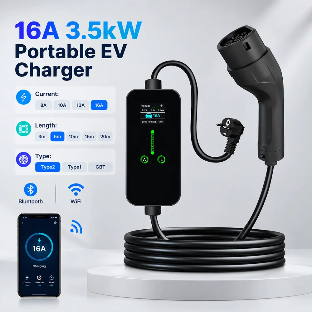 Type2 3600W Portable Type1 SAE J1772 GB/T 20324 Electric Car Charger EVSE Charging Cable 3M-20M EU Plug WiFi Bluetooth APP Contr