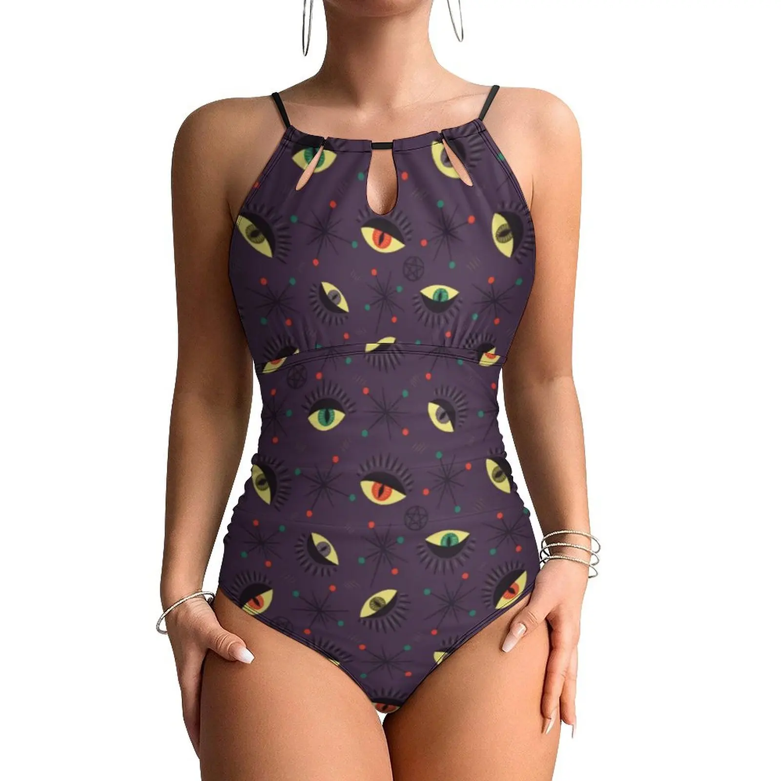Witch Eyes Swimsuit Sexy Dark Gothic Occult Print One-Piece Swimwear Push Up Swimsuits Retro Holiday Swim Bathing Suit
