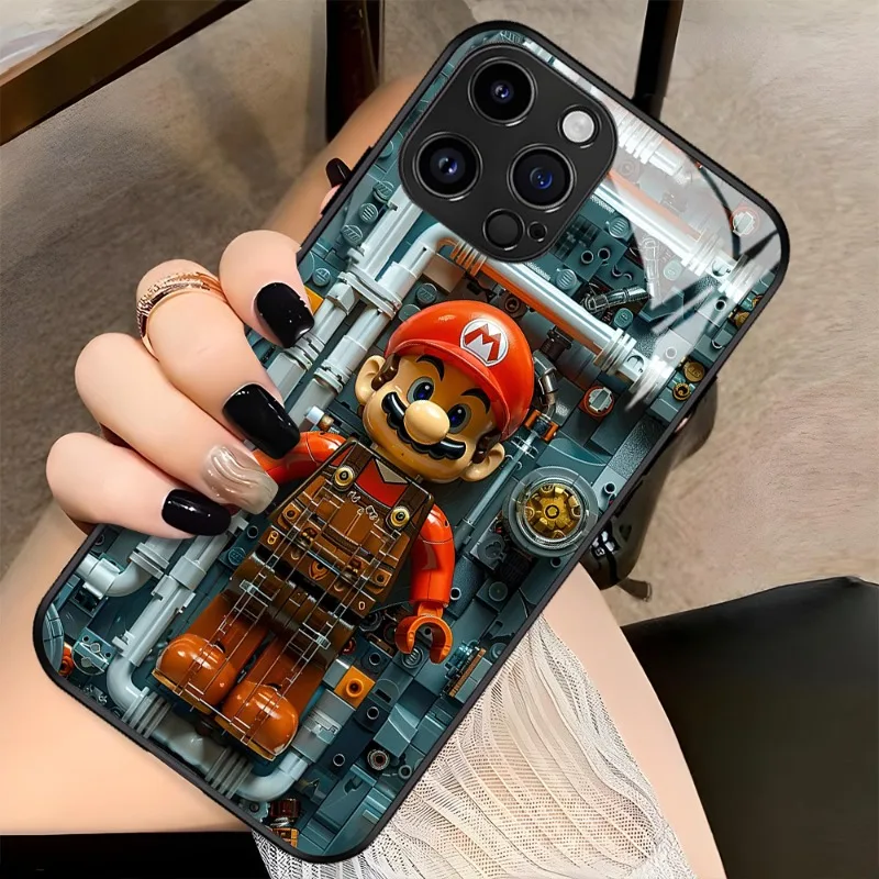 Super Mario Phone Case for IPhone 15 14 Plus 11 12 13 Pro Max Tempered Glass Back Anime Game Shockproof Y2k Soft Fashion Cover