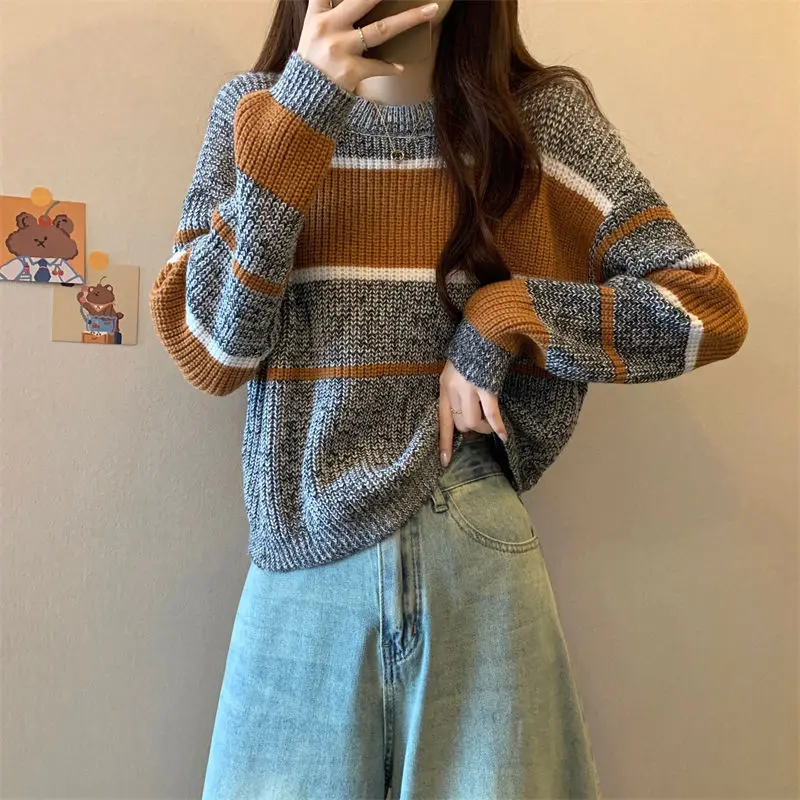 Vintage O-neck Contrast Striped Pullovers Autumn Winter New Long Sleeve Loose Youth Lazy Sweaters Fashion Casual Women Clothing