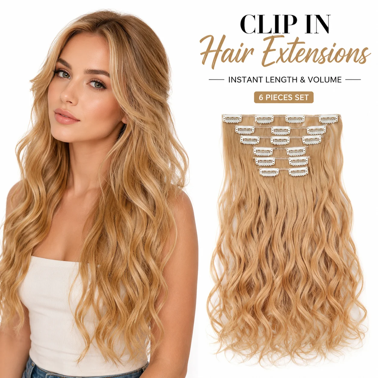20 Inch Boho Loose Curl Clip In Hair Extensions Synthetic Fiber Ombre Blonde Weft Pieces Set 16 Clips Wavy Hairpiece For Women
