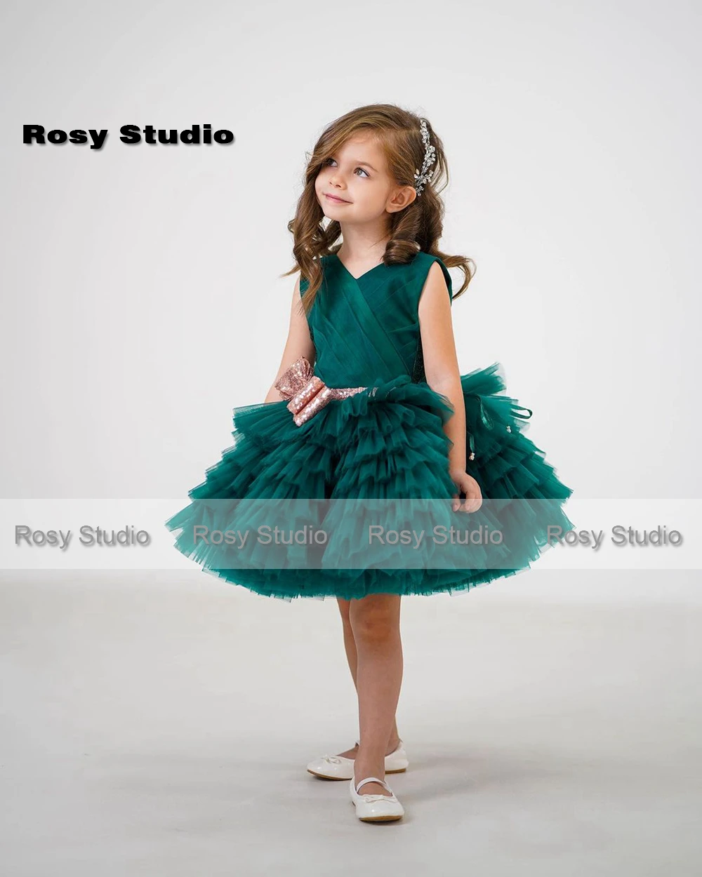 Stylish Tiered Skirt Emerald Green Girl's Party Dresses Mini Ball Gown Flower Girl Dress Pageant Prom Gowns