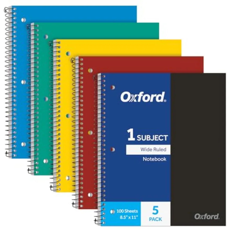 

Oxford 1 Subject Spiral Notebook, Notebooks for School, Plastic Covers, Back to School Supplies, Wide Ruled, 100 Sheets, 5 Pack