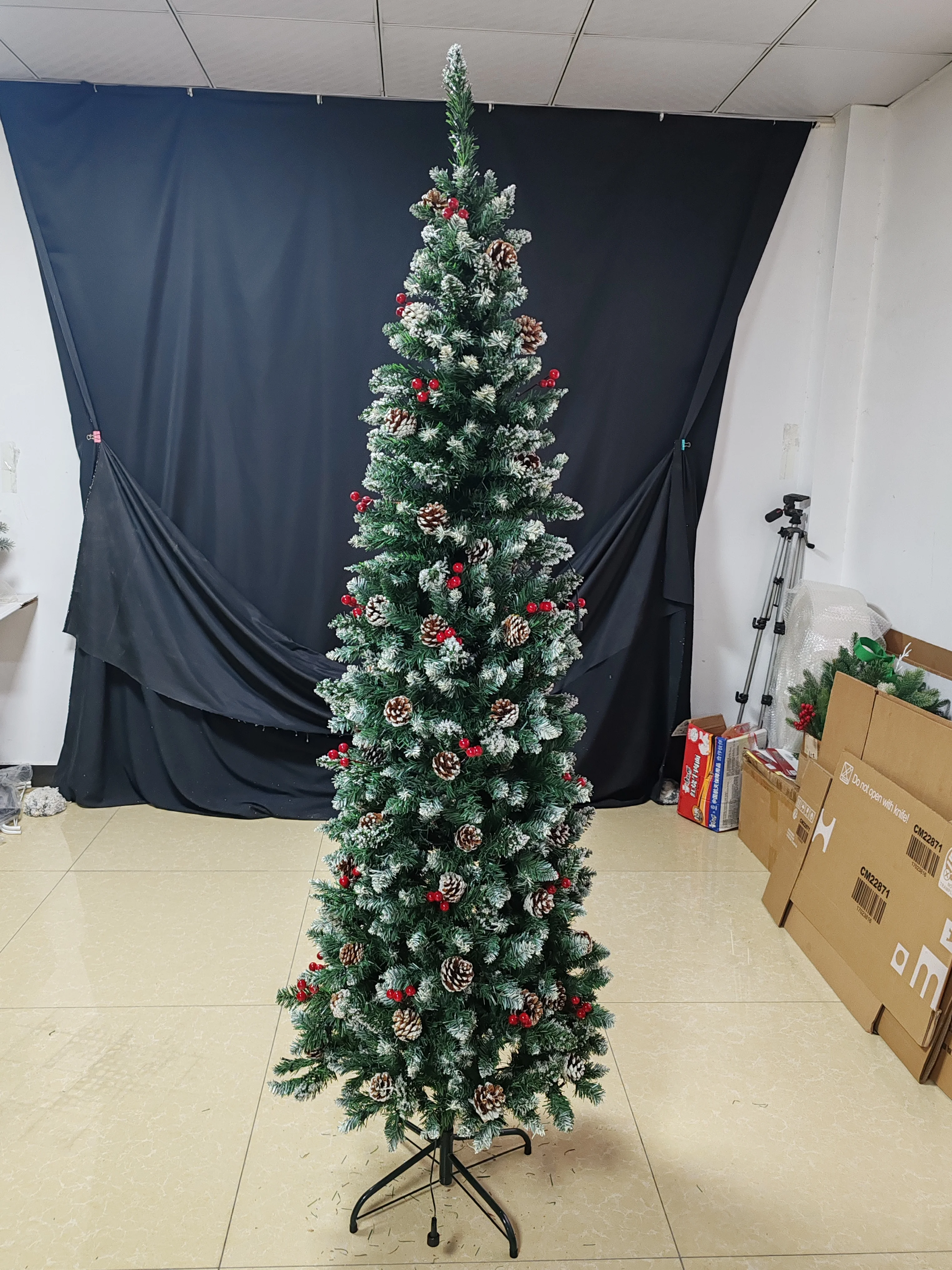 

7.5 Ft Pre-Decorated Pencil Christmas Tree with Clear Lights 955 PVC Flocked Frosted Tips 400 LED Warm White Lights