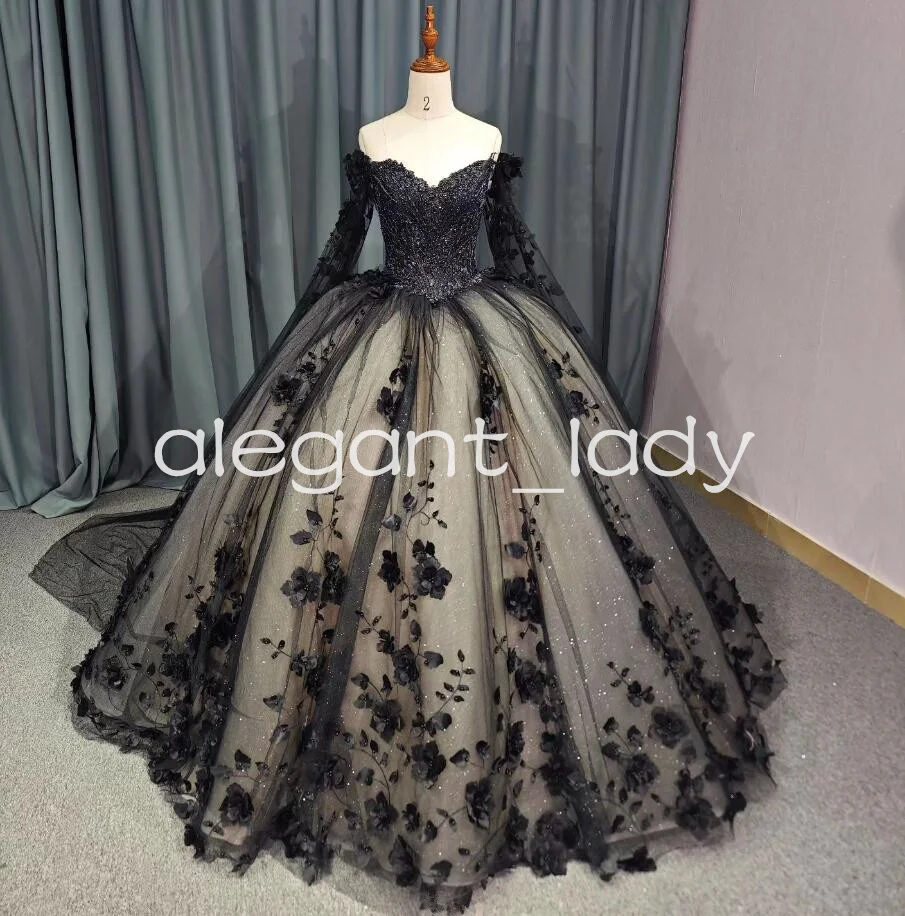 Black Gothic Princess Quinceanera Dresses with Cape Wrap 3D Floral Gillter Skirt  Off Shoulder Corset vestido de 15 anos