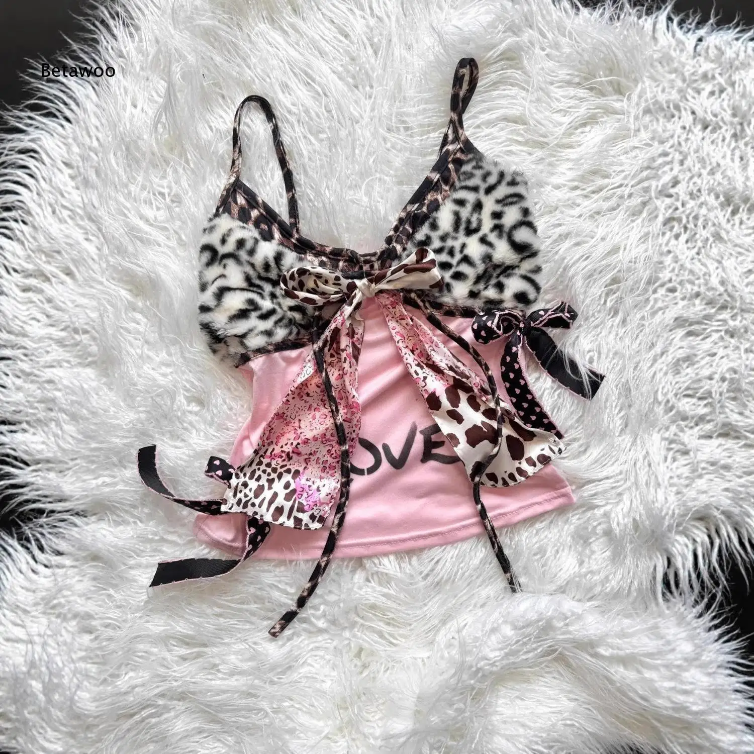 Contrast Leopard Faux Fur Spaghetti Strap Top Mixed Print Bow Accent Letter Print Pink Cropped Tank