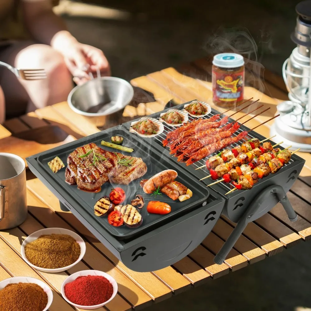 

Table Top Grill Charcoal with Smoker, Double Side Use Small Charcoal Grill Portable with Grate and Fry Pan for Outdoor Camping B