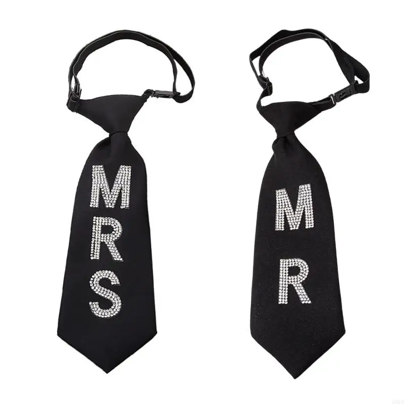 

652F Glitter Pre Tied Tie with MR MRS Letters Rhinestones Embellishment for Men and Women Weddings Festivals Parties