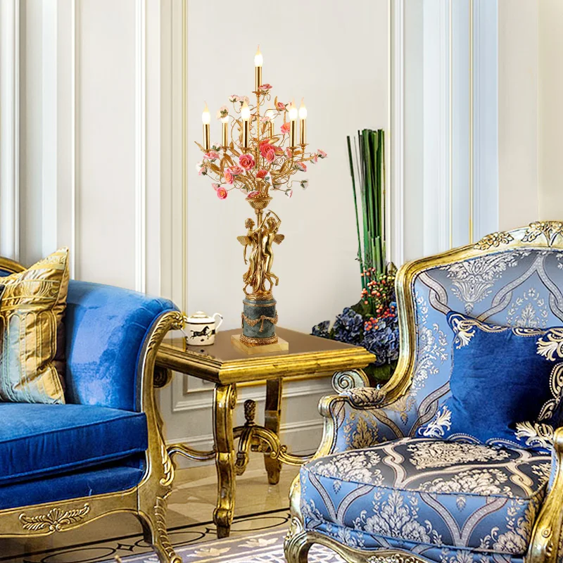 French Baroque Home Brass Marble Decorative Living Room Table Lamp French Light Luxury Ceramic Flower Princess Table Light