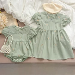2024 New Summer Kids Party Dress Short Sleeved Cotton Embroidery Sisters Clothes Toddler Baby Bodysuits Girls Princess Dress