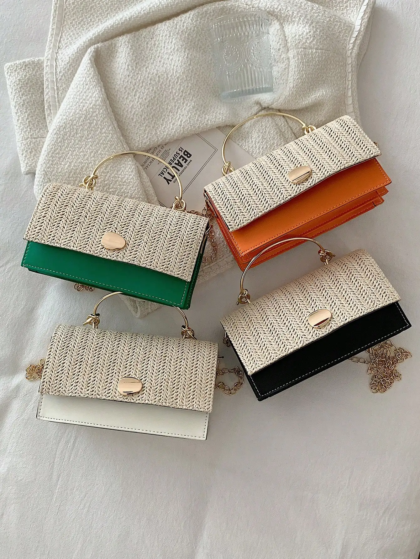 

Миниатюрная плетеная соломенная сумка с верхней ручкой и цепочкой, летняя пляжная сумка для женщин