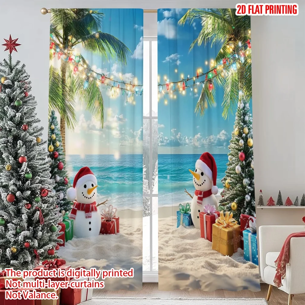 2pcs 2D flat printing Happy Christmas Scene Curtains Beach scene with snowmen_ palm trees Digital Printed Polyester Drapes