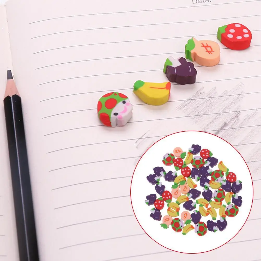 10/20/30/50Pcs Cute Cartoon Pencil Erasers Fruit Shape Rubber Kids School Correction Supplies Student Gift Random Color