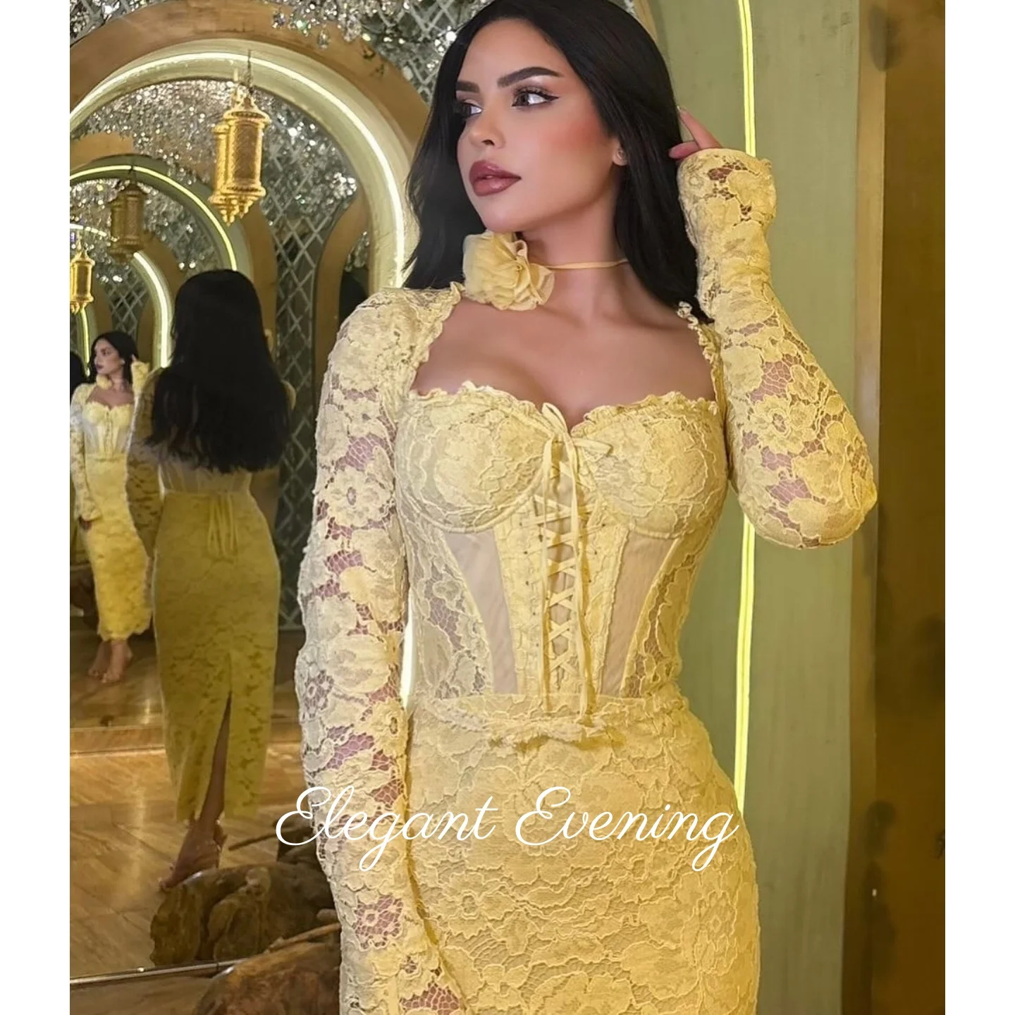 Embroidery Yellow Flower - Żółta Koronkowa Sukienka na Bal Maturalny
