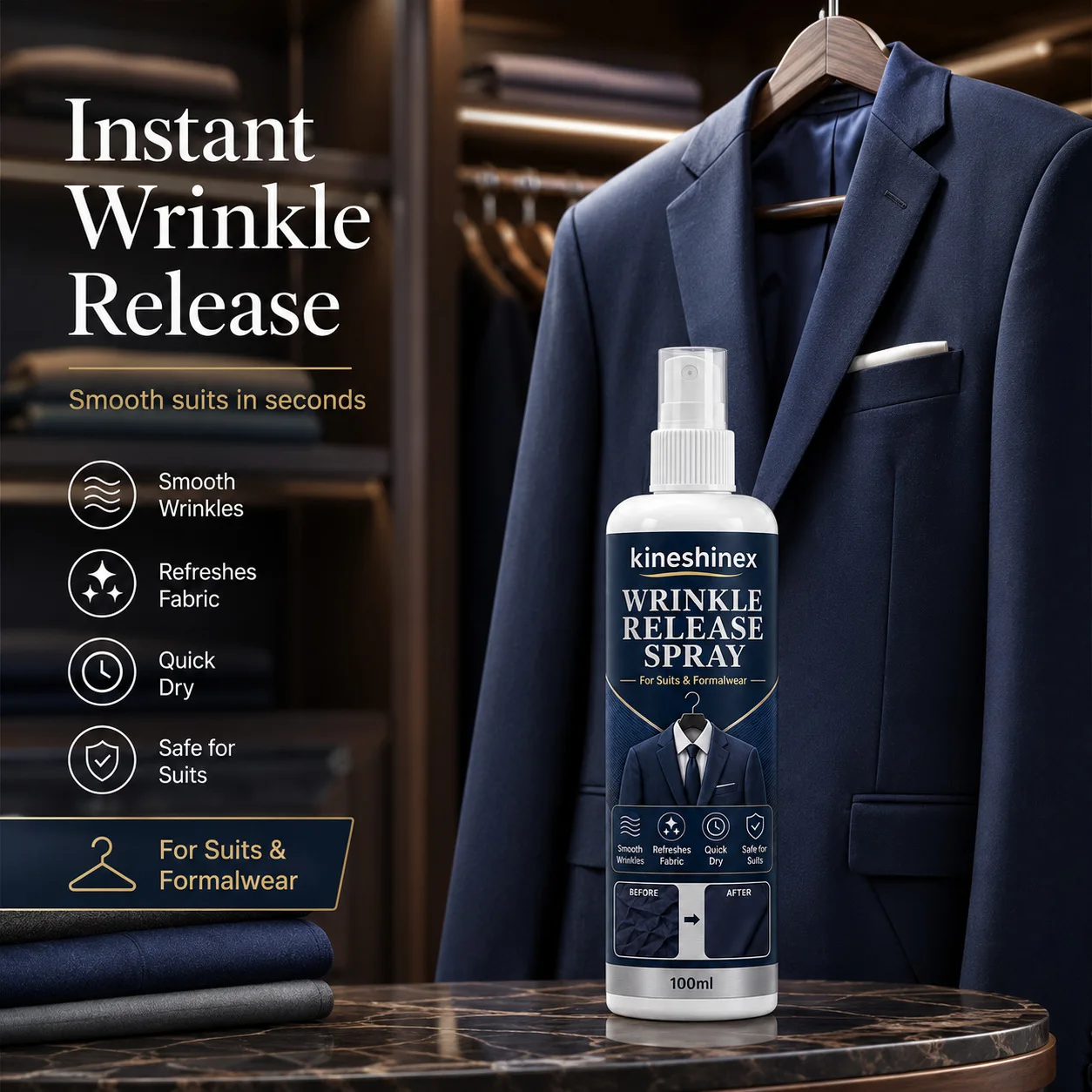 Wrinkle Release Spray 100ml–For Suits & Formalwear, Instantly Smooths Wrinkles,Refreshes Fabric,Safe for Suits,Shirts & Trousers