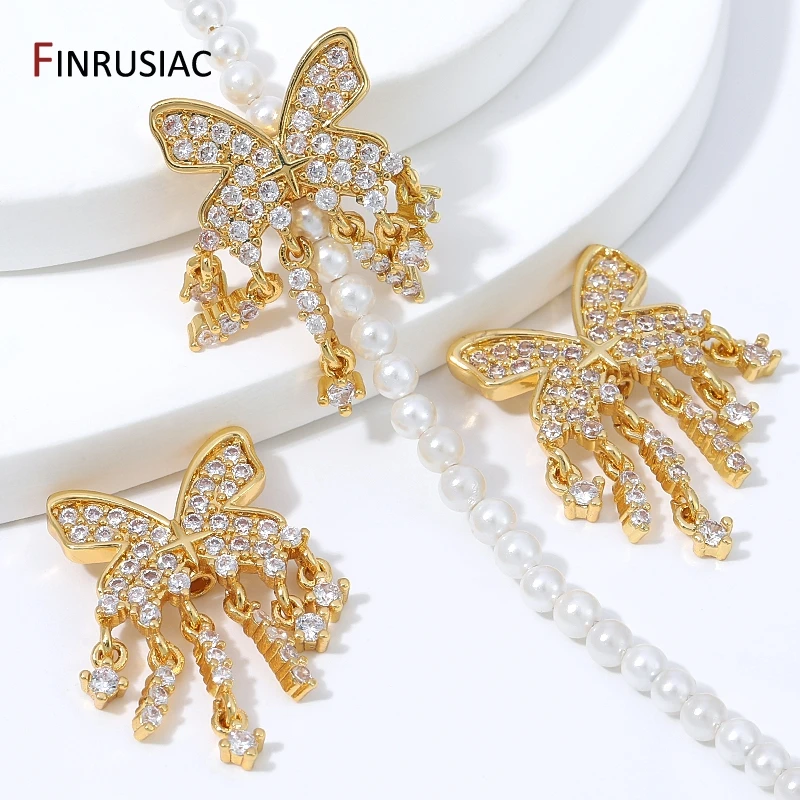 18K Gold Plated Brass Zircon Butterfly Spacer Beads,Dangle Tassel Charm Separator Beads for DIY Pearl Bracelet Necklace Supplies