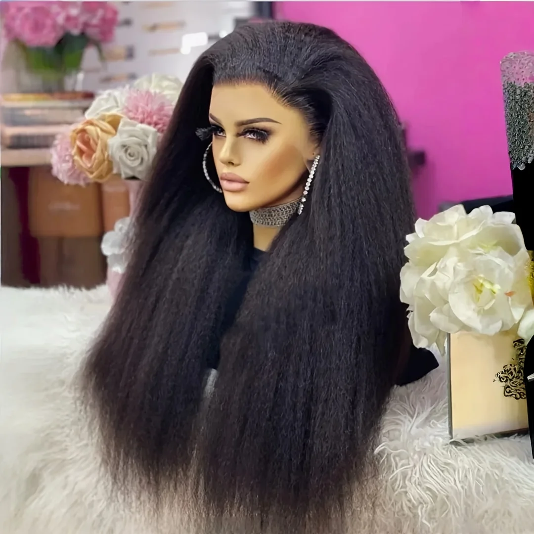 Pelucas delanteras de encaje recto Afro, suaves como cabello humano prearrancado con pelo de bebé, encaje HD transparente Yaki de densidad 210%