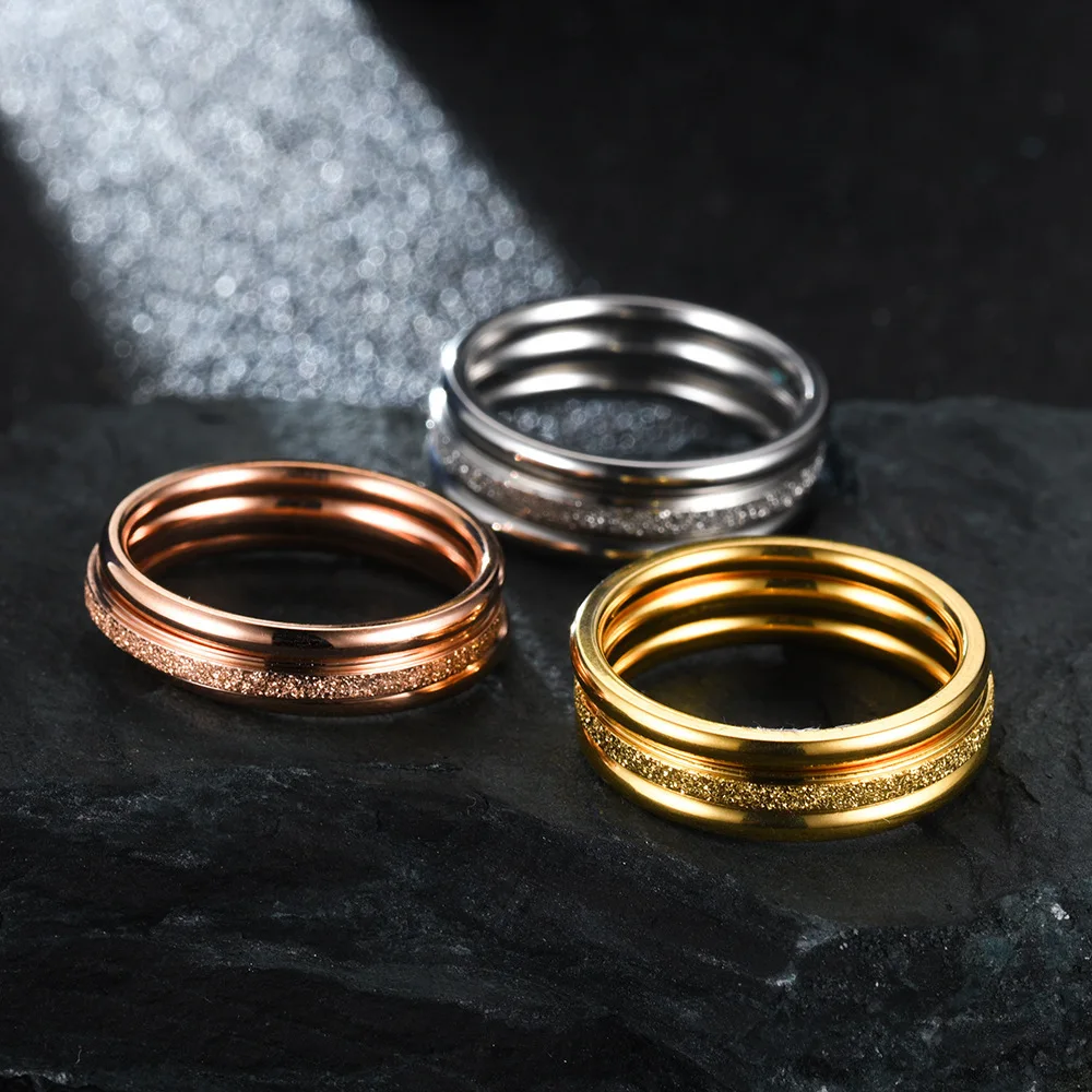 3/Pcs 2mm Thin Stainless Steel Frosted for Women Fashion Simple Gold Color Finger Rings Wedding Gifts Jewelry
