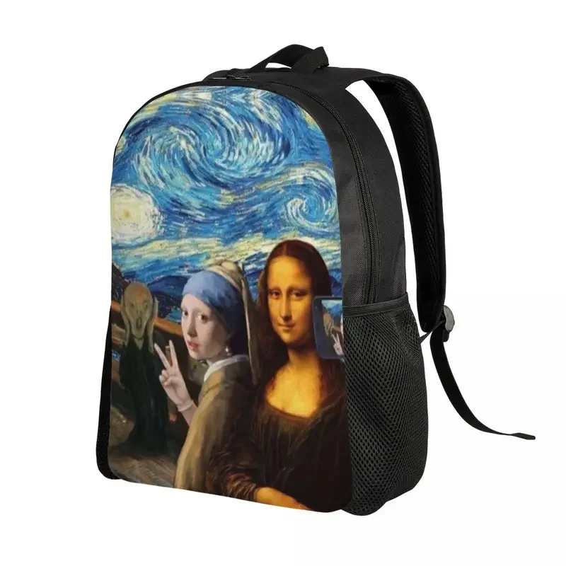 Starry Night By Mona Lisa And Vincent Van Gogh Backpack College School Student Bookbag Fits 15 Inch Laptop Art Painting Bags