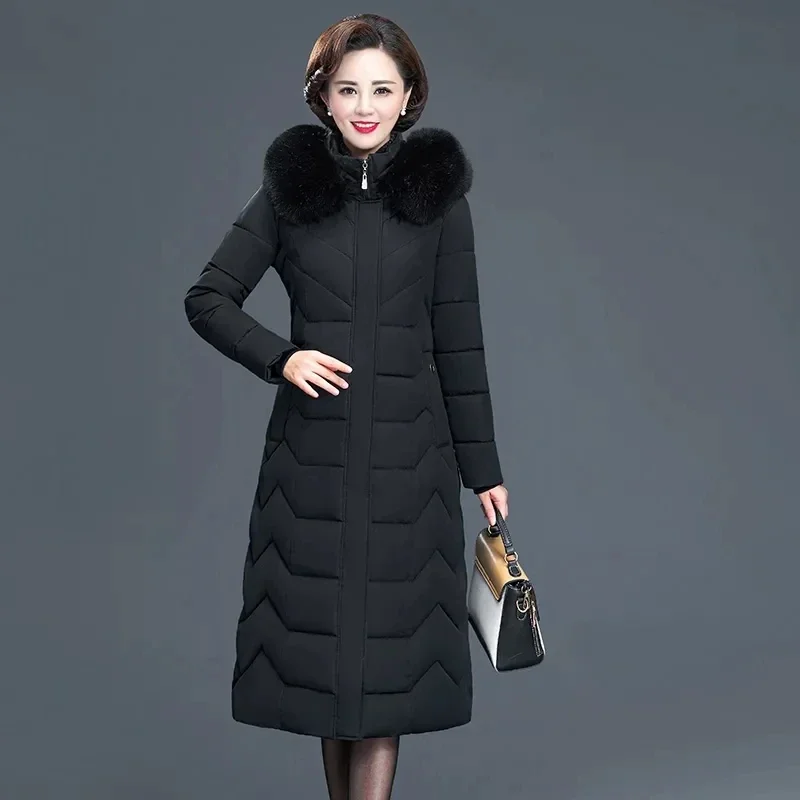 Middle aged Mother Winter Jacket 6xl Women's Thicken Long Parkas Down cotton Wool Collar Hooded Coats Warm Long Female Overcoat