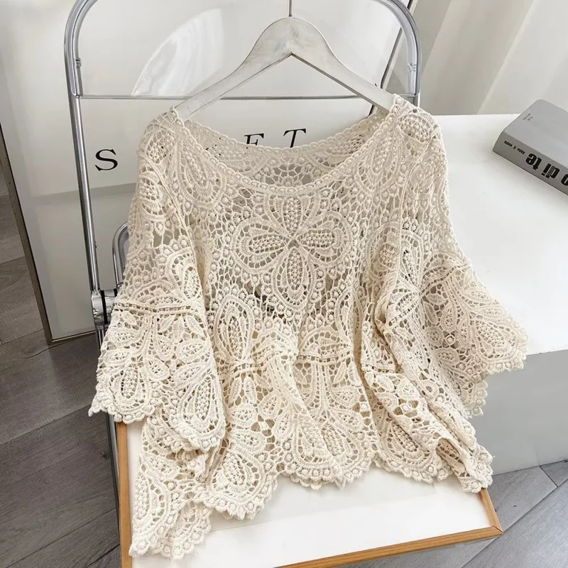 2024 New Crocheted Hollow-out Short Blouse Sun Protection Top Versatile Cotton Loose Pullover Wholesale