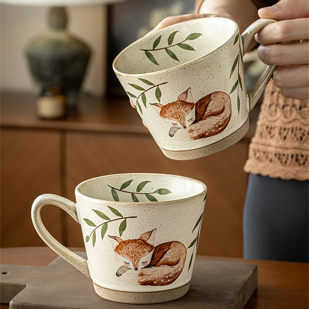 Creative Mug Stoneware Coffee Cup kitchen Supplies Cute Cartoon Fox V-Shaped Single Ear Handle Cup Girlfriends Birthday Gift