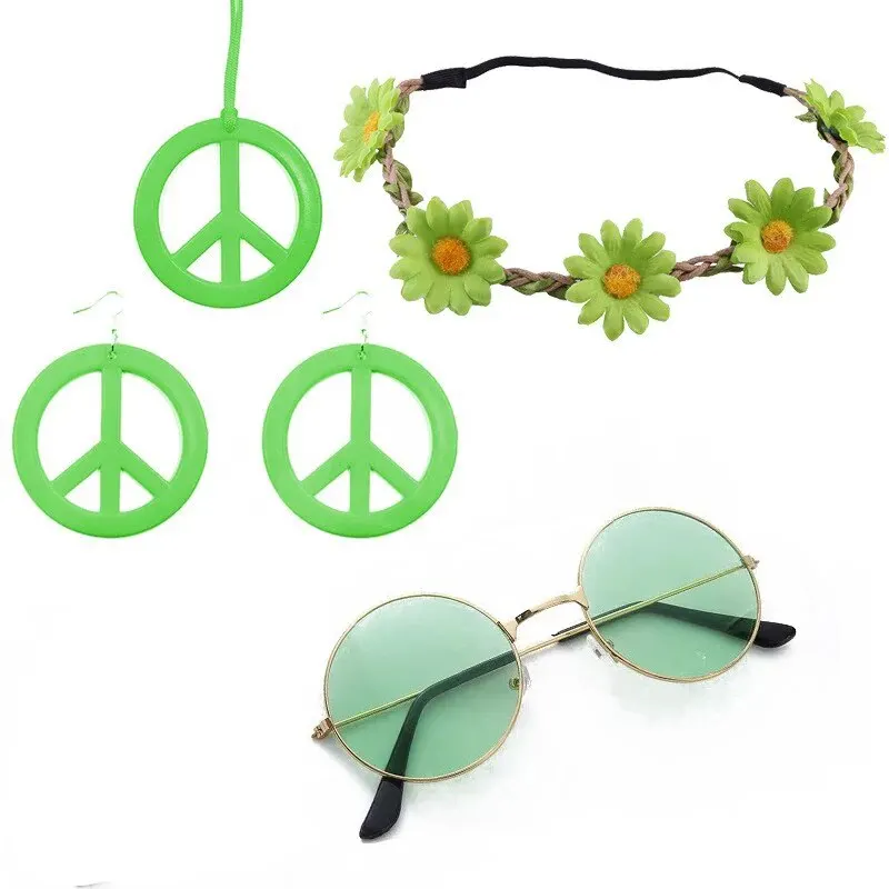 1pcs Costume Set Includes Peace Sign Necklace and Earrings, Flower Crown Headband and Hippie Sunglasses 70s Accessories