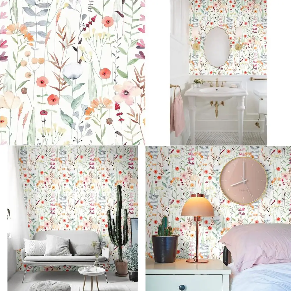 ورق جدران بألوان مائية قابل للإزالة مع أوراق طازجة وزهور متعددة الألوان قابلة للتقشير واللصق للجدران