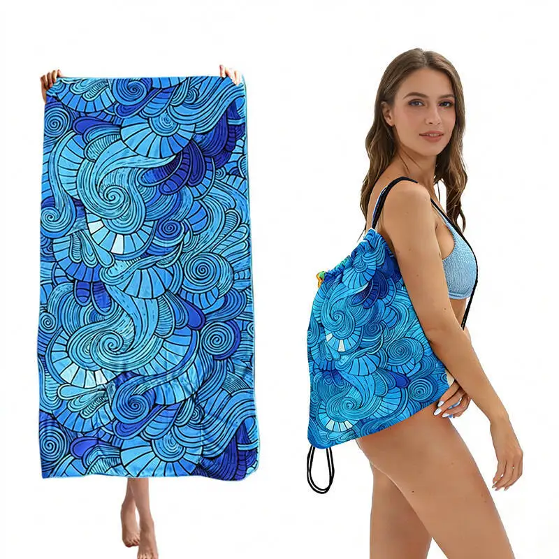 2-in-1 Foldable Beach Towel with Storage Bag,Portable Printed Bath Towel,Quick Dry Microfiber Travel Blanket Swimming Camping