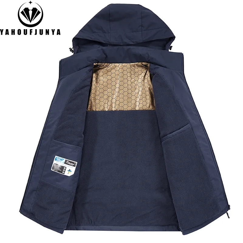 Winter Men Fleece Warm Outdoor Windproof Detachable Hooded Jacket Men Solid Zipper Waterproof Casual Fashion Jacket Male Coat