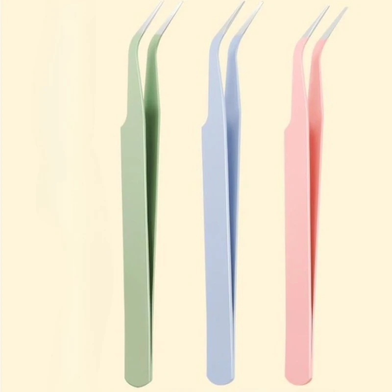 Pinça reta curvada de aço inoxidável, colorida, rosa, azul, roxa, faça você mesmo, pinça de cílios, arte de unha, adesivo, strass, ferramenta de seleção