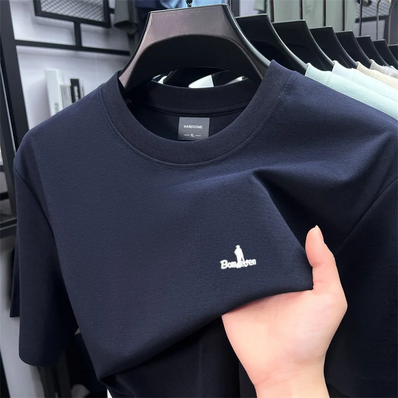 High end luxury brand short sleeve men's T-shirt fashion embossed new summer ice silk cotton breathable sports round neck top