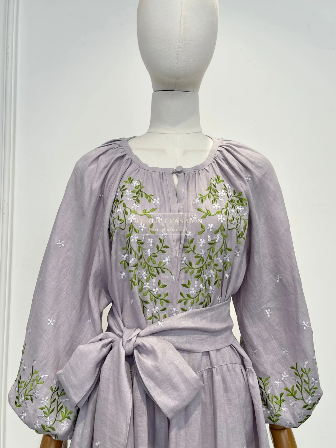 2025 New Women's Violet Vine Embroidery Long Sleeve Pleat Mini Dress High Quality Linen
