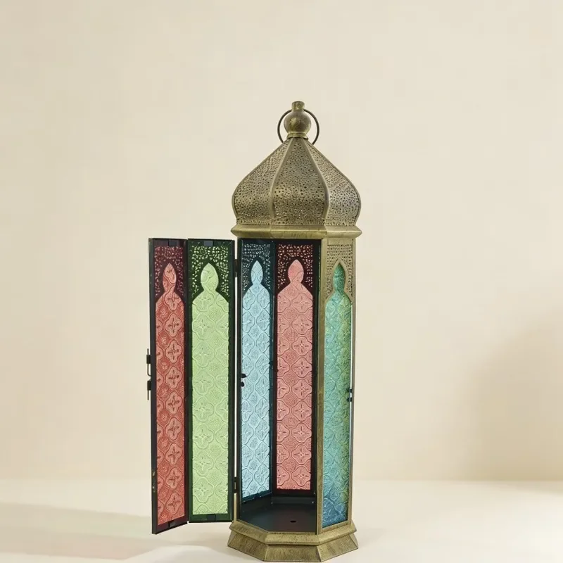 Vintage Wrought Iron Candle Holder with Moroccan Stained Glass Design Elegant Wind Lamp for Wedding Hotel Homestay Interior