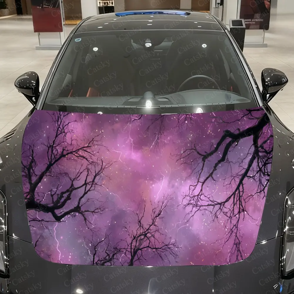 Purple Lightning Tree PVC Car Hood Sticker,Waterproof Self-Adhesive Vinyl Graphics Decals,Decorative Auto Accessories Stickers