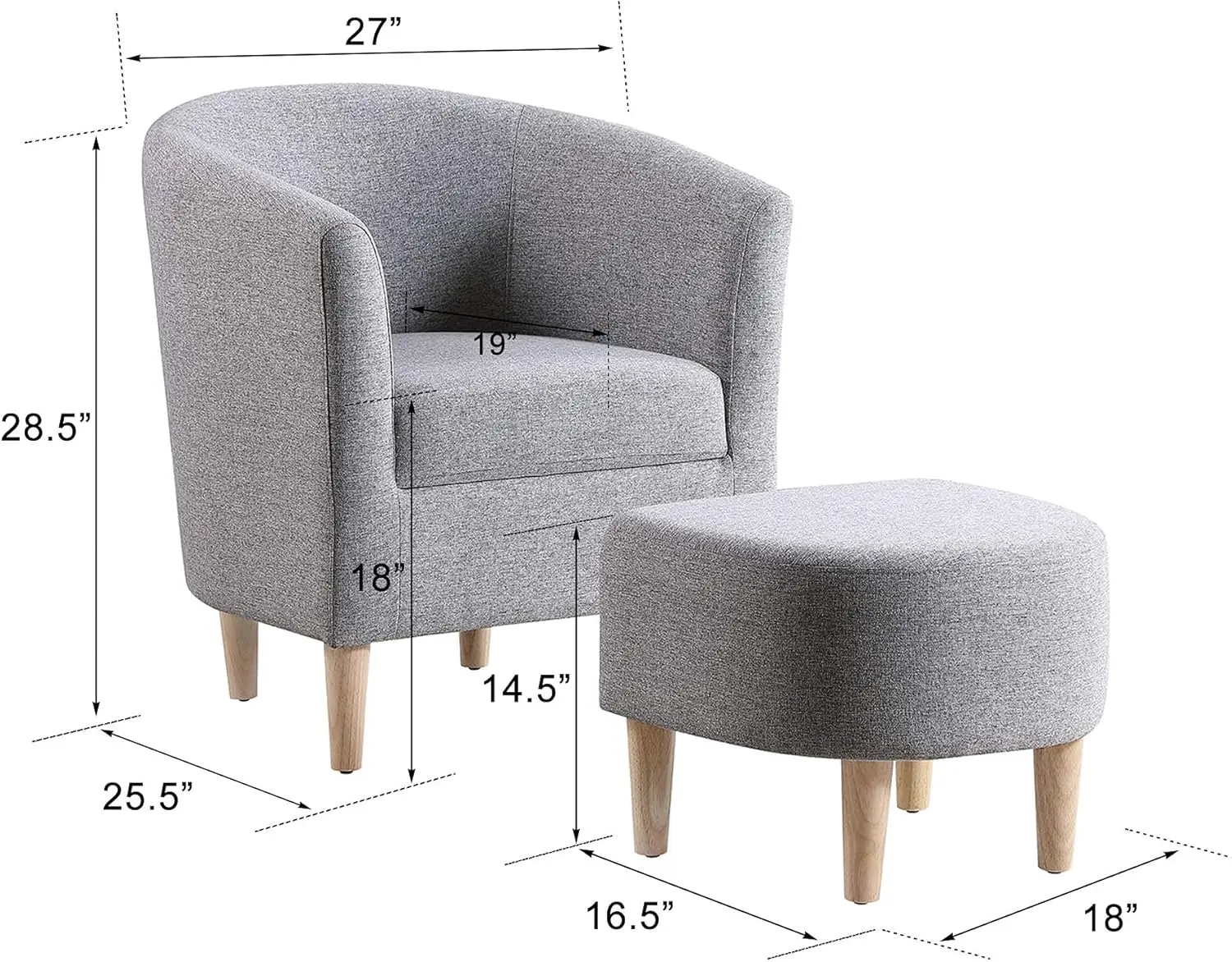 Mid Century Modern Barrel Comfy Fabric Armchair and Footrest Set, Upholstered Club Tub Round Arms